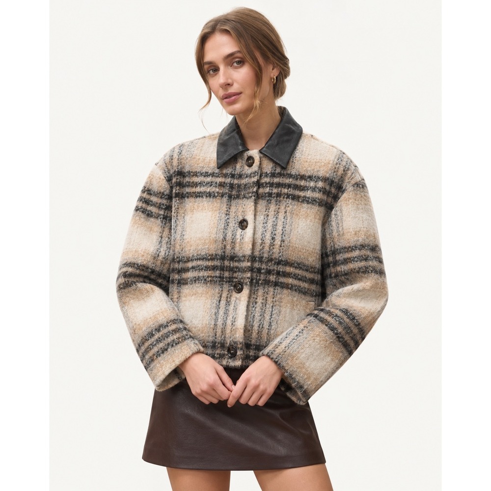 Tuckernuck Moon River Plaid Cropped Jacket Faux Leather Collar Neutral XS NWT